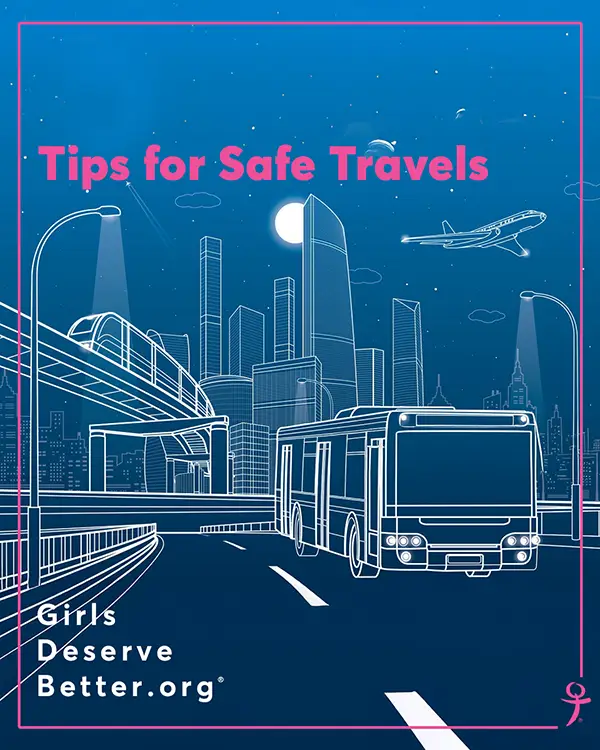 Illustration of a bus and train in a large city, with the text Tips for Safe Travels
