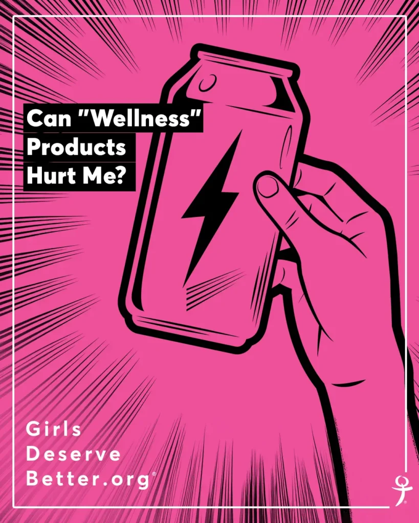 A pink-hued graphic of a person drinking a can with a lightning bolt on it and embedded text that says Can Wellness Products Hurt Me?