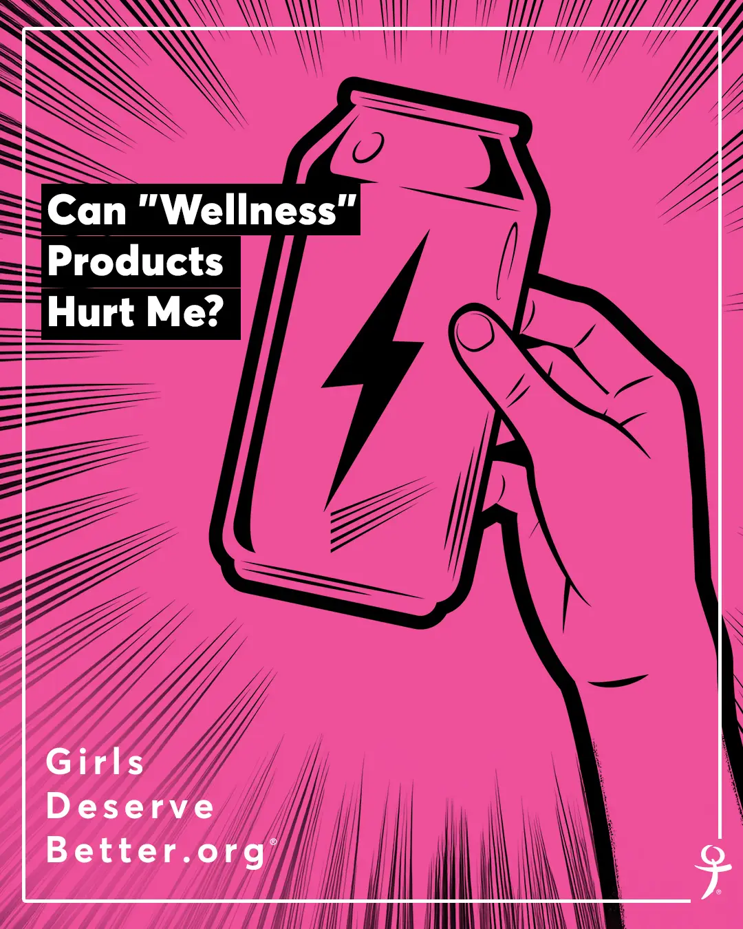 A pink-hued graphic of a person drinking a can with a lightning bolt on it and embedded text that says Can Wellness Products Hurt Me?
